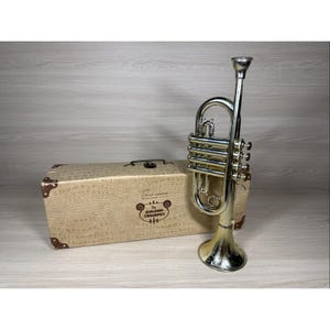 May include: A silver-colored trumpet with a matching case. The trumpet is positioned upright, showcasing its intricate design. The case is tan with brown accents and the text "The Golden Trumpet".