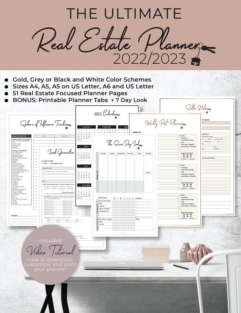 Ultimate 2022/2023 Real Estate Business Planner - Instant Digital Download | Gold/Copper, Silver, B/W| A4, A5, A5 Crop, A6 & US Letter 