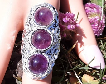 Vintage style stainless steel ring made of round natural multi-stone Amethyst