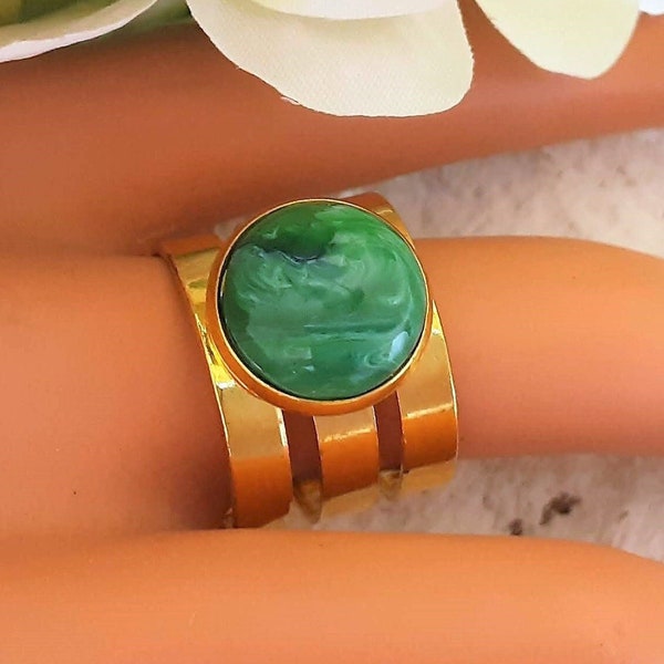 Bague "Gold Field" multi-rangs en pierre naturelle ronde agate verte rayée