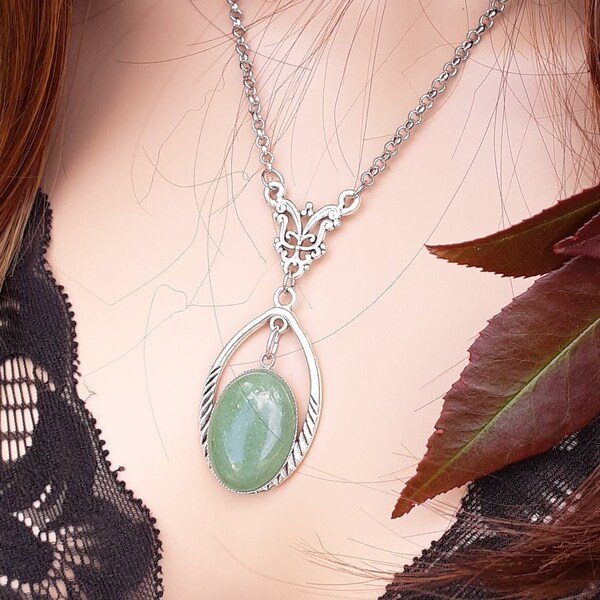 Necklace stainless steel vintage style oval natural stone Aventurine