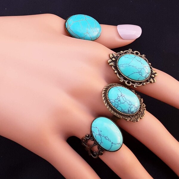 Bagues en bronze de style vintage en pierre naturelle ovale Turquoise