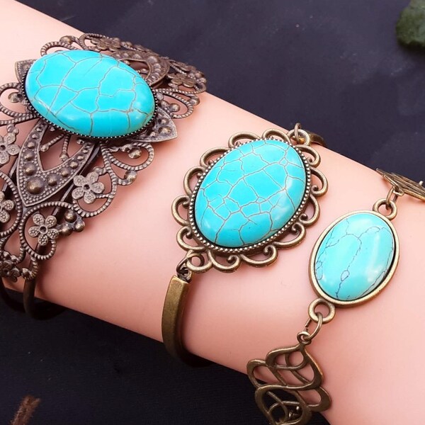 bracelets en bronze de style vintage en pierres naturelles ovales Howlite/Turquoise