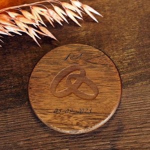 Round Walnut Wedding Anniversary Date coaster With initials, Housewarming Gift for Couple, Housewarming Gift.