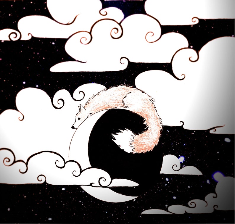 May include: An illustration of a fox curled up on a crescent moon, set against a starry night sky. The fox has orange fur, and the moon is black and white. White, swirling clouds frame the scene.
