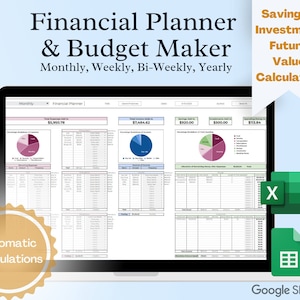 May include: A computer screen displaying a spreadsheet with a financial planner and budget maker. The spreadsheet has charts and graphs with financial data. The spreadsheet is titled "Financial Planner" and has a tab labelled "Monthly". The spreadsheet is labelled "Spreadsheet Version". The image also includes a seal that says "Automatic Calculations".