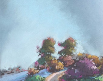 May include: A pastel painting of a winding dirt road leading through a landscape of trees and bushes. The sky is a light blue with a hazy, cloudy effect.