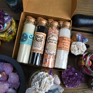 WITCH SALT SET  Magickal salt set  Set of Salts Protection and Cleansing Spellwork Ritual Cast  Altar  Celtic  Violet Green Red  Black salt