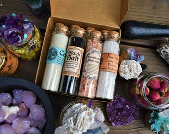 WITCH SALT SET  Magickal salt set  Set of Salts Protection and Cleansing Spellwork Ritual Cast  Altar  Celtic  Violet Green Red  Black salt