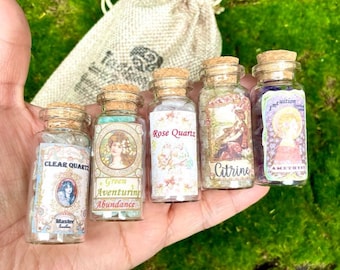 Vintage Labeled Crystal Jars | Spell Kit | Gemstone Vials | Set of 5 crystals