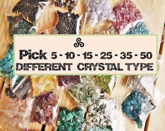 SET of 10-15-20-25-35-50 CRYSTAL CHIPS|gemstone set|Different kinds of crystal chips|Small Crystals|Pagan|Collection |Curio |witch project