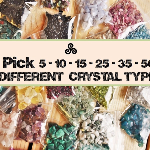 SET of 10-15-20-25-35-50 CRYSTAL CHIPS|gemstone set|Different kinds of crystal chips|Small Crystals|Pagan|Collection |Curio |witch project