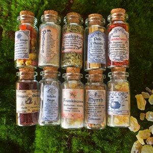 Set of 10 Incense Bottles|Crystal vials|Incense sample|Mini Apothecary |Wicca |Spell |Magical Gift|Incense Collection| smudging