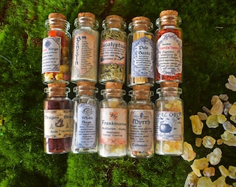 Set of 10 Incense Bottles|Crystal vials|Incense sample|Mini Apothecary |Wicca |Spell |Magical Gift|Incense Collection| smudging