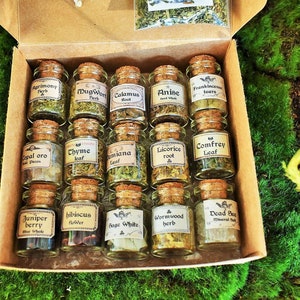 Miniature Apothecary Herb Set: 15 Vintage-Labeled Crystal Bottles
