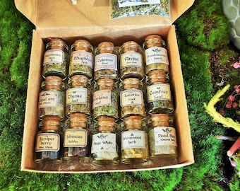 Set de hierbas de boticario en miniatura: 15 frascos con etiquetas vintage