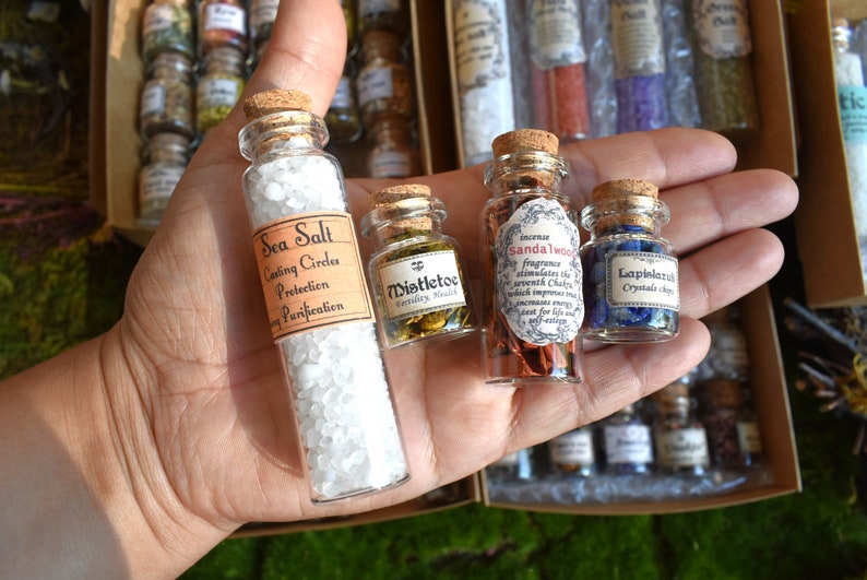 MASTER SET crystals/salts/resin/herbs set of Mini bottles a little of everything ready to ship Total set for your altar ritual magic image 2