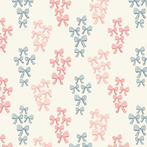 May include: A repeating pattern of hand-drawn bows in shades of pink and blue on a cream background. The bows are arranged in clusters, creating a delicate and feminine design. The bows have a sketched appearance.