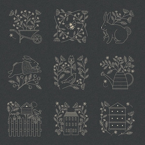 Panel de bordado negro Bloom and Grow de Kathy Schmitz, Moda Fabrics, 7055 14