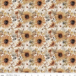 May include: A repeating pattern of sunflowers and foliage in shades of yellow, brown, and green. The design features large sunflowers with detailed petals and dark centres, interspersed with leaves and smaller flowers on a cream background.