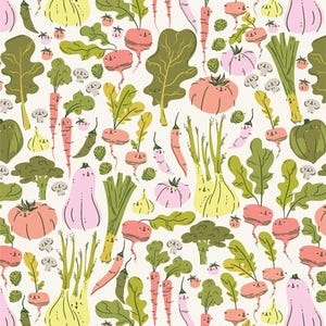 Può includere: Un motivo stravagante con una varietà di verdure in un design ripetuto. L'illustrazione comprende carote, pomodori, barbabietole, zucche e altri prodotti in tonalità di rosa, verde, giallo e arancione su sfondo crema.