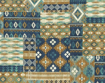 Tela Saddle Ranch con patchwork estilo western, azul y multicolor. Se vende en incrementos de 1/2 yarda. Moda Fabrics, 33798 11