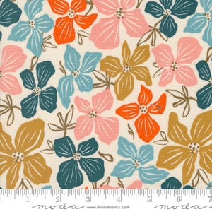 May include: Fabric featuring a cream background with a repeating pattern of large, stylized flowers in orange, pink, teal, and gold. The flowers have brown stems and leaves. A ruler is printed along the bottom.