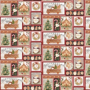 Può includere: Un motivo in tessuto ripetuto con case di pan di zenzero, camioncini con la scritta Gingerbread Baking Co., alberi di Natale, ghirlande, tazze di cioccolata calda con volti di Babbo Natale e bastoncini di zucchero su sfondo a scacchi.