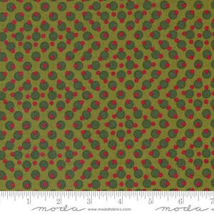 Op de afbeelding: Groene stof met een herhalend patroon van rode en groene cirkels. De stof wordt gemeten in inches.