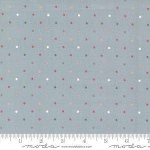 May include: Light blue fabric with a repeating pattern of colorful polka dots. The dots are in shades of red, white, green, yellow, and gray. The fabric has a ruler along the bottom edge.