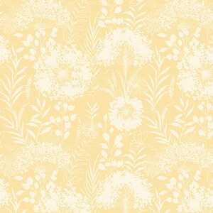 May include: A seamless pattern featuring a light yellow background with a repeating floral design in off-white. The pattern includes various stylized flowers, leaves, and stems, creating a botanical theme.