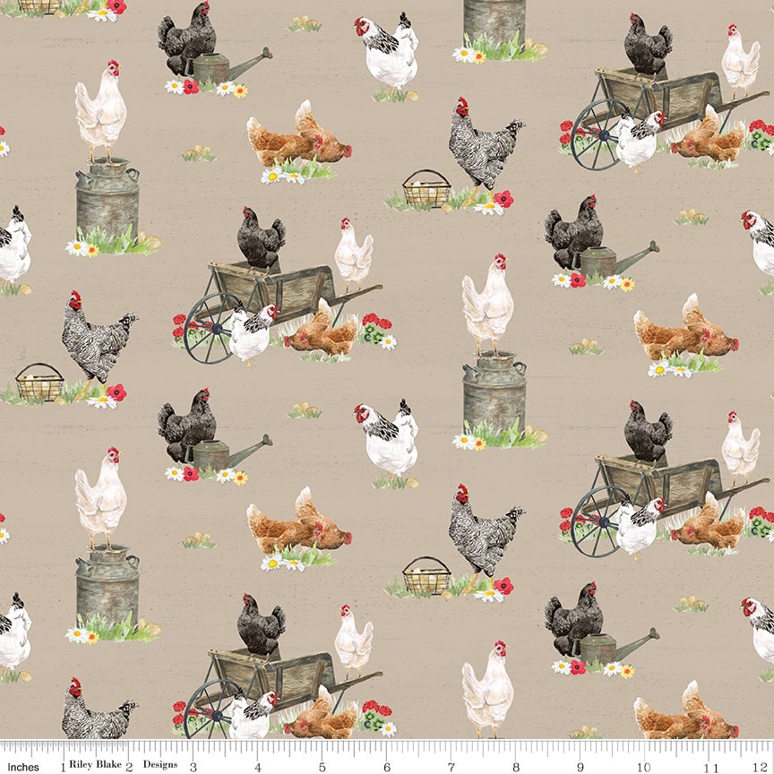 Spring Barn Quilts Yardage Chickens Tan by Tara Reed, Sold in 1/2 yard increments, Riley Blake Designs, CD14331