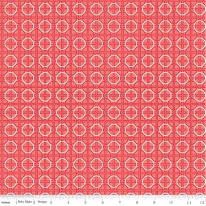 May include: A red fabric with a white geometric pattern of overlapping circles and squares.