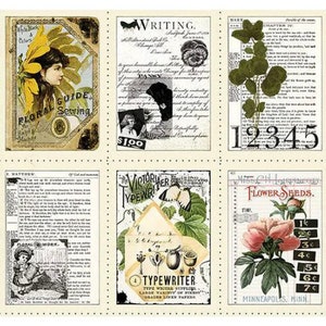 Puede incluir: Una hoja de collage de estilo vintage con 10 imágenes diferentes. Las imágenes incluyen una bicicleta con un pájaro en ella, una guía floral, una máquina de escribir, un paquete de semillas de flores y una mariposa. Las imágenes están impresas sobre un fondo de color crema.