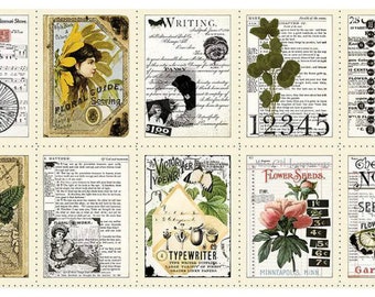Art Journal bloemenpers patchpaneel van J Wecker Frisch, gedrukte vintage bloementekst, PD 13031, Riley Blake Designs