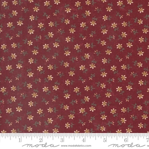 Könnte beinhalten: Roter Stoff mit einem kleinen weißen Blumenmuster. Der Stoff hat eine subtile Textur und ist perfekt zum Quilten oder Basteln.