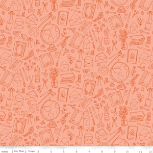 May include: A seamless pattern featuring a variety of hand-drawn illustrations in orange on a peach background. The pattern includes a globe, envelopes, scissors, paintbrushes, pencils, notebooks, and flowers.
