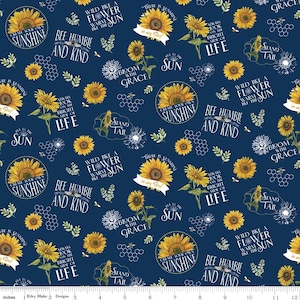 Honey Bees and Flowers Please ヤード メイン プリント ネイビー、Tara Reed 作、1/2 ヤード単位で販売、Riley Blake Designs、C15130 ネイビー