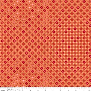 May include: Orange fabric with a repeating pattern of red and white floral and cross-shaped designs. The fabric has a grid-like structure, with the floral elements evenly spaced across the surface. The fabric is 12 inches wide.
