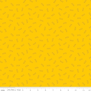 May include: A yellow fabric with a repeating pattern of the letters "FFA" in a dark brown color.