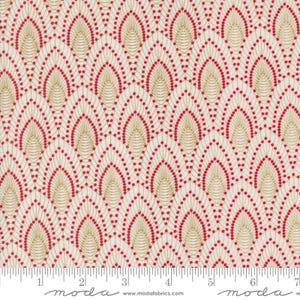 Peut inclure: Tissu blanc avec un motif répété de formes de ventilateur stylisées dorées et rouges. Le tissu est mesuré en pouces avec le texte "moda" imprimé sur la règle.