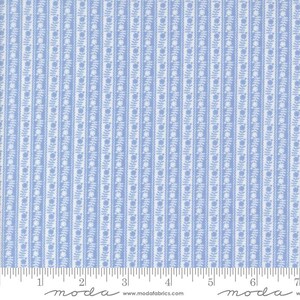 May include: Light blue and white floral stripe fabric. The fabric features vertical stripes of light blue with a repeating floral pattern in white. The fabric is suitable for quilting, sewing, and crafting projects.