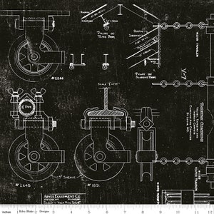 Art Journal Yardage In The Wings Black Technical Drawings by J. Wecker Frisch, Sold in 1/2 yard increments, Riley Blake Designs, C13044