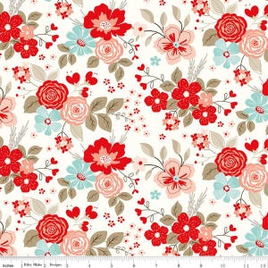 You & Me Yardage Main Floral Cream、Sandy Gervais、1/2ヤード単位で販売、Riley Blake Designs C15400 CREAM
