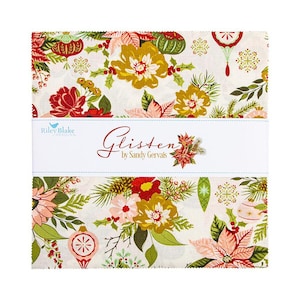 May include: A stack of fabric squares with a festive floral pattern. The design features red poinsettias, gold flowers, green leaves, and Christmas ornaments on a white background. The fabric is labeled "Glisten" by Sandy Gervais.