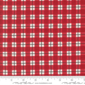 May include: Red fabric featuring a plaid pattern with white and black accents. The design consists of a grid of red squares, white squares, and black lines. A ruler is visible at the bottom, with the word "moda" and a website address.