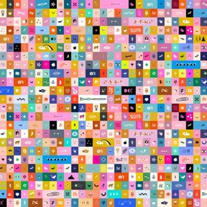 以下が含まれることがあります： 多数の小さな正方形のタイルで構成された、鮮やかでカラフルなパターン。各タイルには、動物、虹、抽象的な形などのユニークなデザインが施されています。カラーパレットは多様で、ピンク、ブルー、イエロー、オレンジなどがあります。