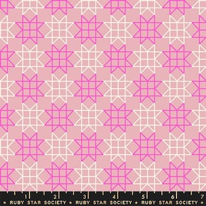May include: A repeating pattern of geometric stars in bright pink and white on a light pink background. The design is a grid of lines forming star shapes. The text "RUBY STAR SOCIETY" is at the bottom.