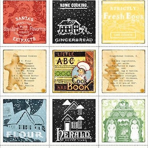 May include: A fabric panel featuring a grid of fifteen square illustrations with holiday and baking themes. The designs include figures in aprons, gingerbread recipes, snowy landscapes, and vintage-style text labels like Cookie Day and Home Cooking.