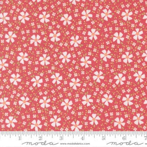 Può includere: Tessuto rosso con un motivo floreale ripetuto. Grandi fiori bianchi con centri arancioni sono intervallati da fiori bianchi e gialli più piccoli e foglie verdi. Un righello è in basso.